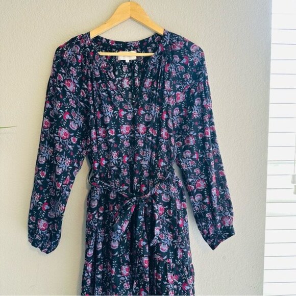 XiRENA Annieka Long Sleeve Belted Tie Midi Dress Silk Blend Floral Black Small - Picture 5 of 16